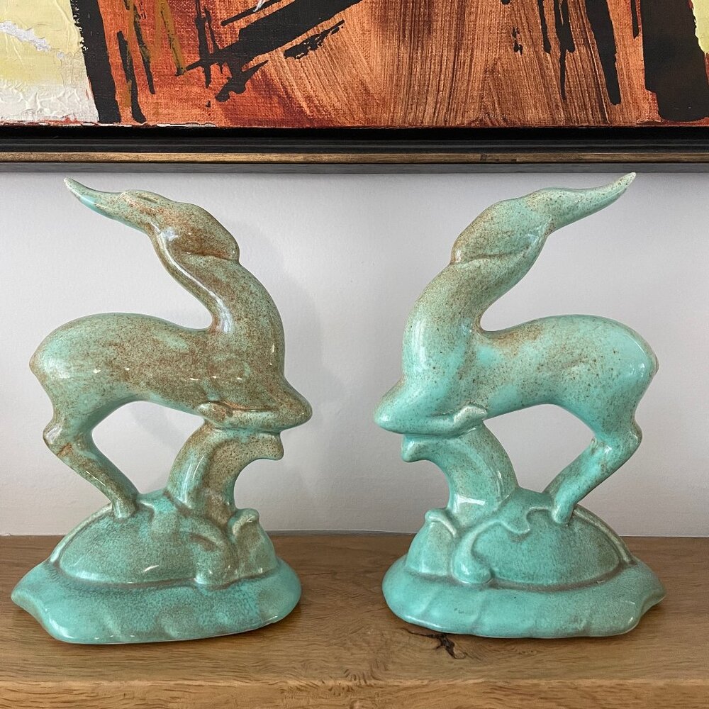 Vintage MCM Haeger Pottery Gazelle Statue Set Art Deco MID Century